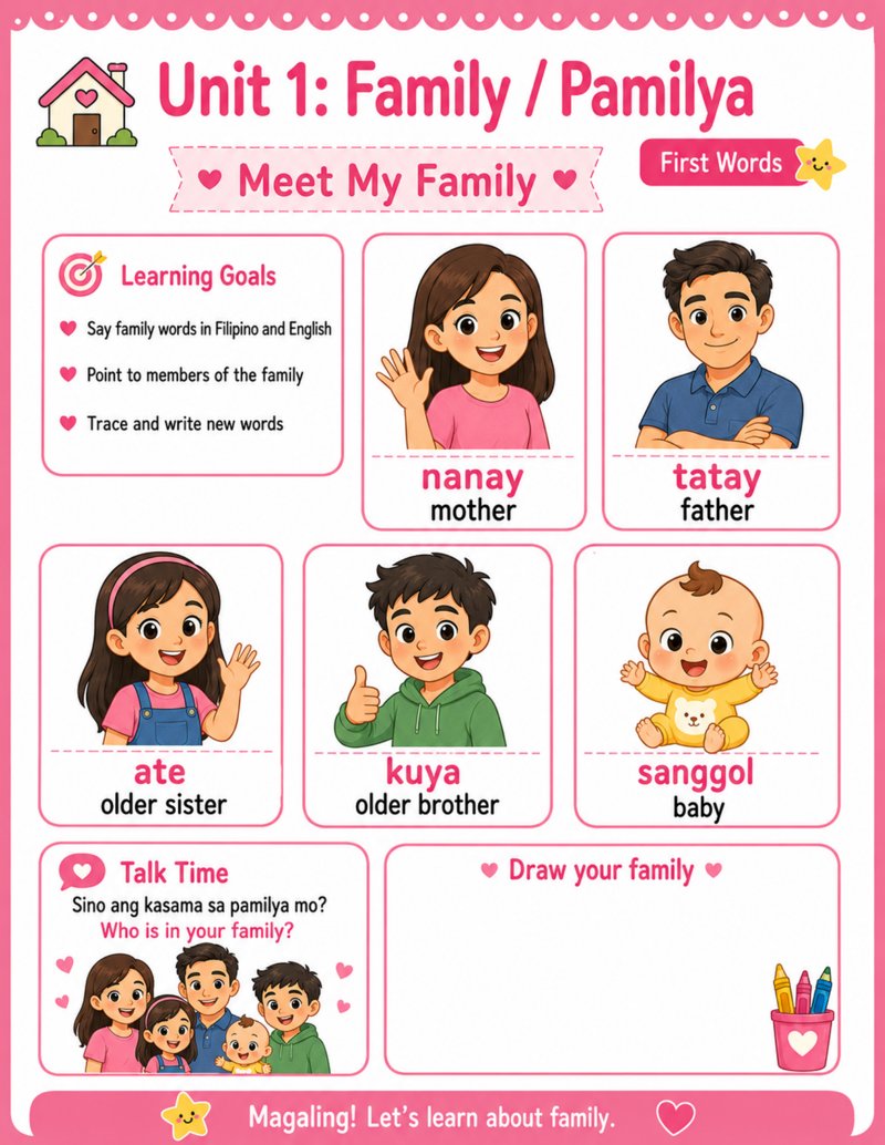 Cover of the Unit 1 Family (Pamilya) Tagalog worksheet pack