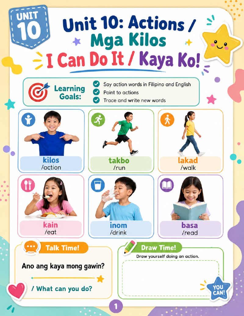 Cover of the Unit 10 Actions (Mga Kilos) Tagalog worksheet pack