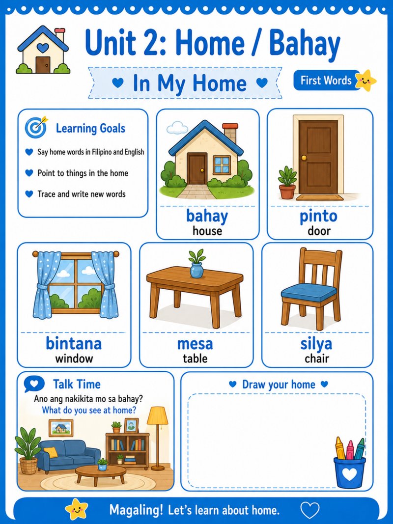 Cover of the Unit 2 Home (Bahay) Tagalog worksheet pack