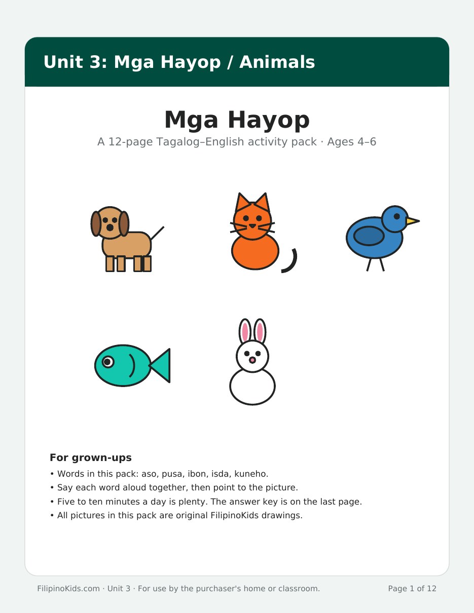 Cover of Unit 3 Mga Hayop: drawings of a dog, cat, bird, fish and rabbit