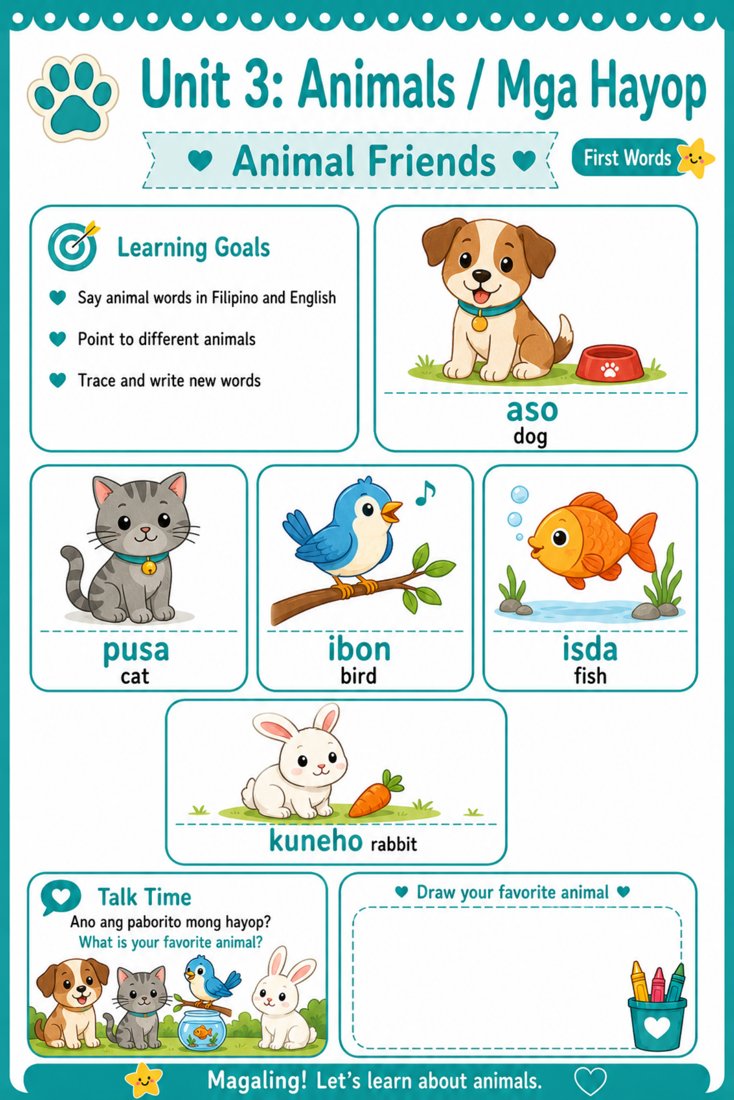 Cover of the Unit 3 Animals (Mga Hayop) Tagalog worksheet pack