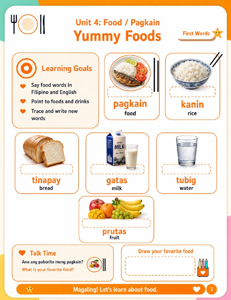 Cover of the Unit 4 Food (Pagkain) Tagalog worksheet pack