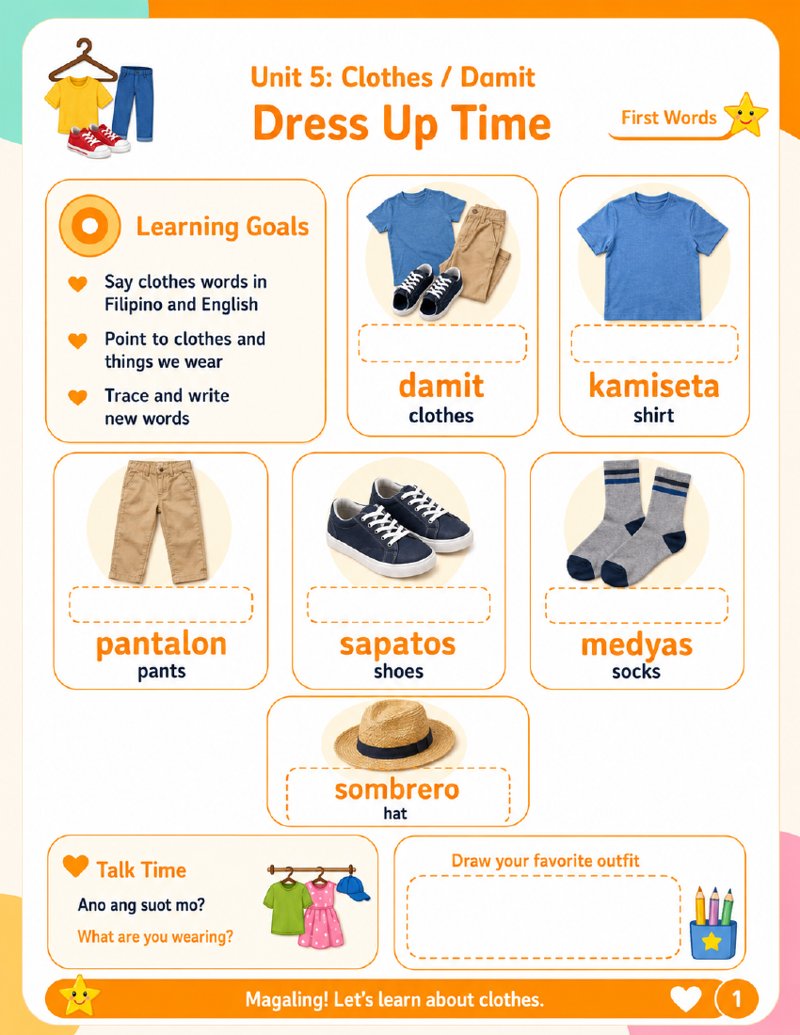 Cover of the Unit 5 Clothes (Damit) Tagalog worksheet pack