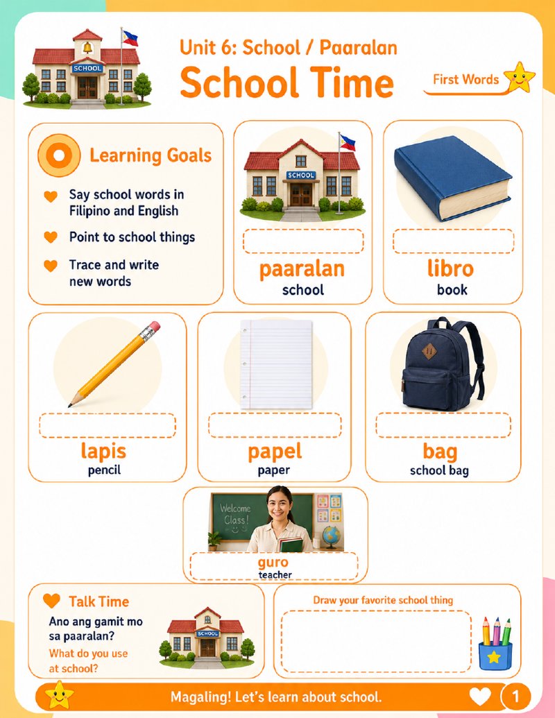 Cover of the Unit 6 School (Paaralan) Tagalog worksheet pack