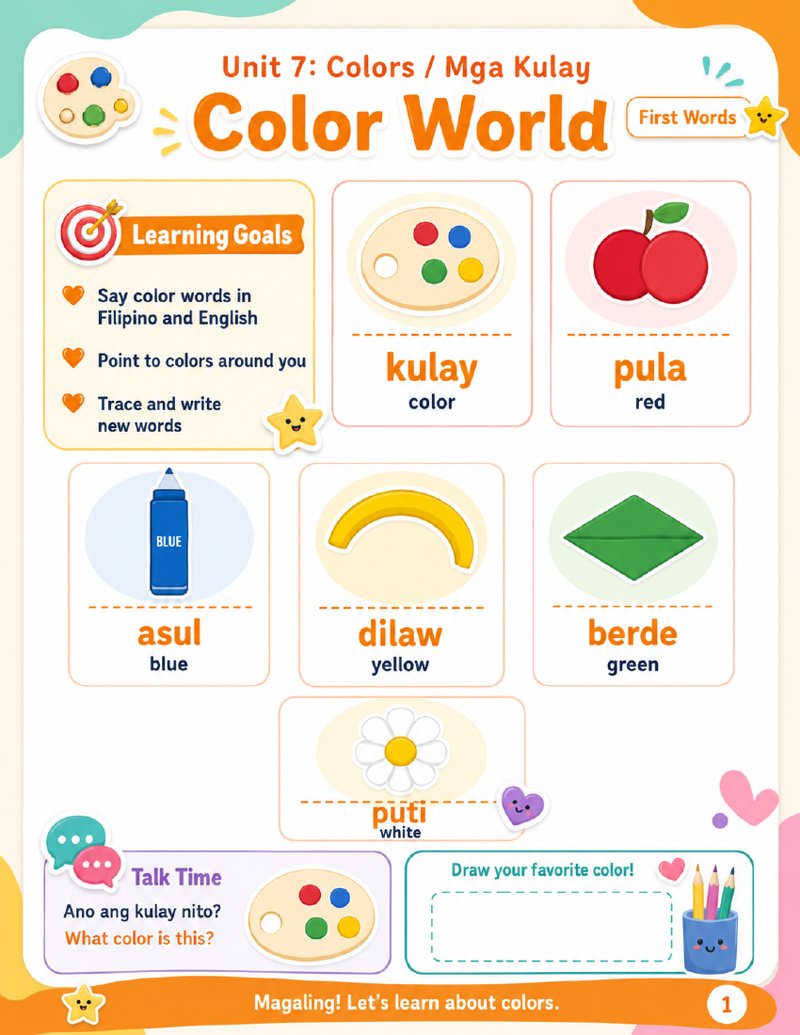 Cover of the Unit 7 Colors (Mga Kulay) Tagalog worksheet pack