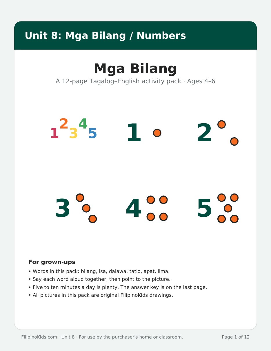 Cover of Unit 8 Mga Bilang: numbers 1 to 5 with counting dots
