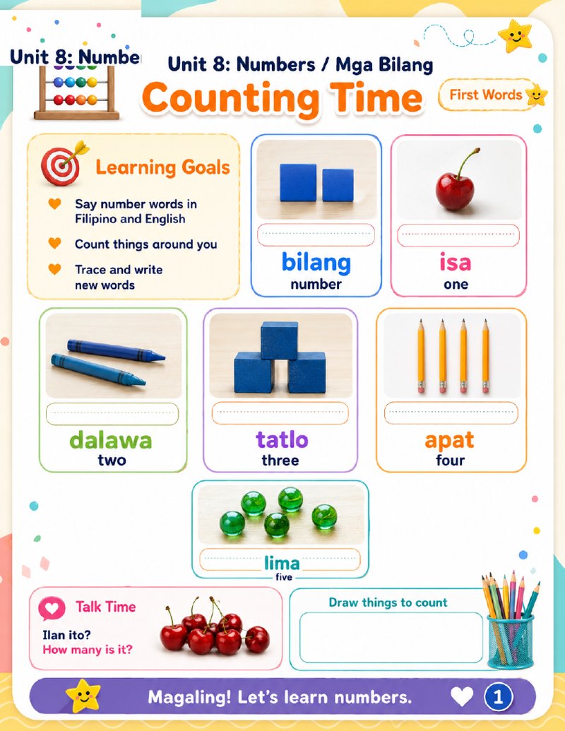 Cover of the Unit 8 Numbers (Mga Bilang) Tagalog worksheet pack
