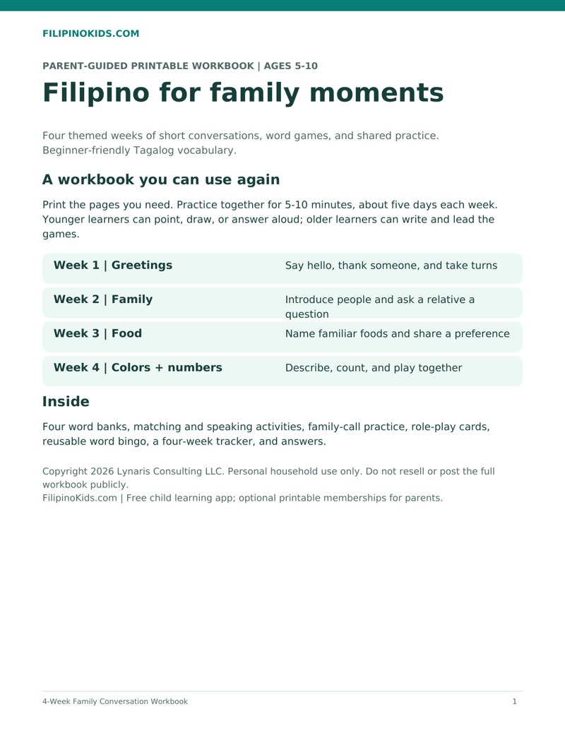 Cover page of the FilipinoKids 4-Week Family Conversation Workbook