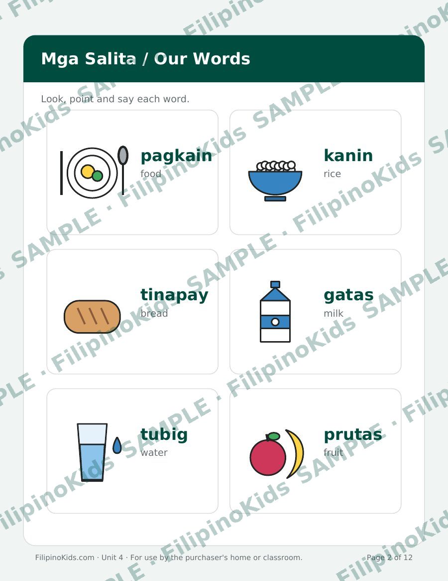Sample inside page 2 of Unit 4: Food / Pagkain (watermarked)