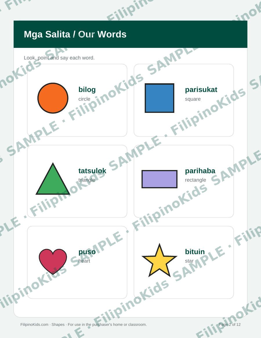 Sample inside page 2 of Mga Hugis / Shapes - Tagalog-English Activity Pack (watermarked)
