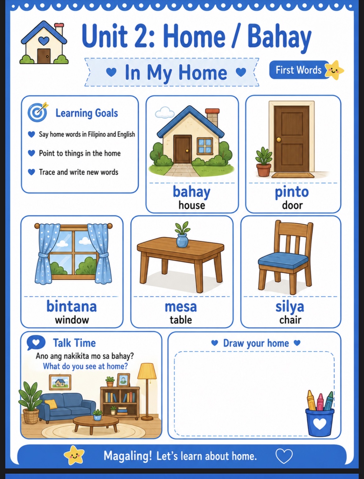 A children's worksheet for learning Filipino words about the home, with colorful illustrations of a house, door, window, table, and chair, and activity prompts.